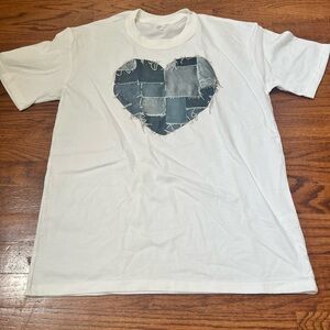 White Short Sleeve Tee with Blue Patchwork Heart